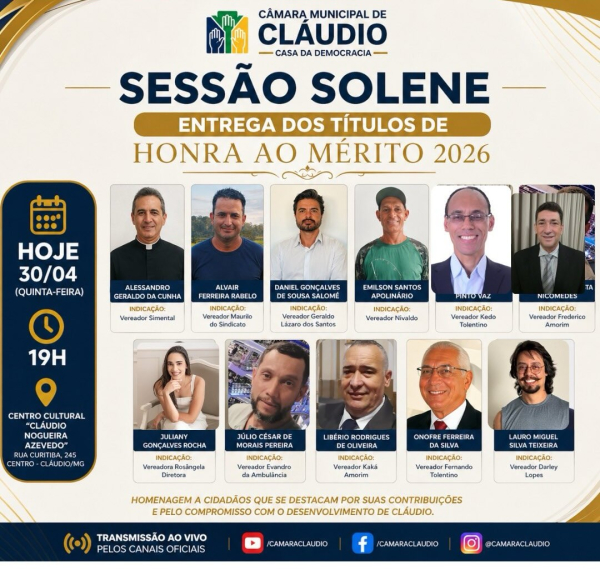 Sessão Solene de Entregas de Títulos de Hontra ao Mérito 2026