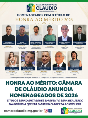 Câmara de Cláudio realizará sessão solene para entrega de Títulos de Honra ao Mérito