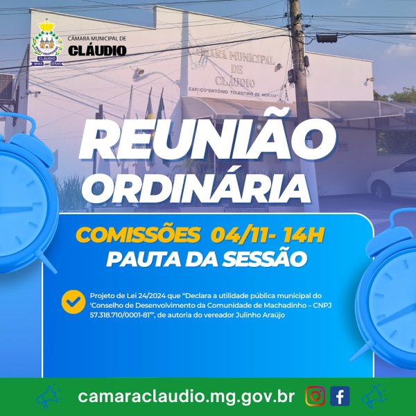 Nesta segunda-feira (04), a Câmara Municipal realiza duas sessões ordinárias, sendo a reunião das Comissões Permanentes, às 14h, e a reunião Plenária, às 18h.