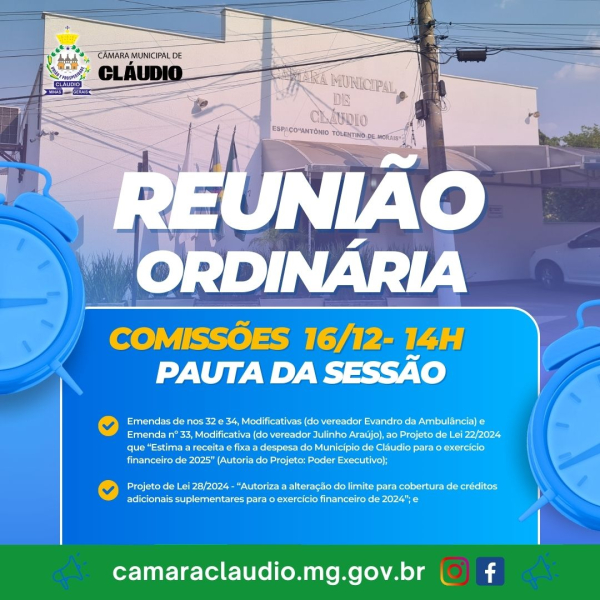 Agenda da Câmara Municipal de Cláudio – Segunda-feira (16/12/2024)