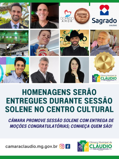 Homenagens serão entregues durante sessão solene no Centro Cultural