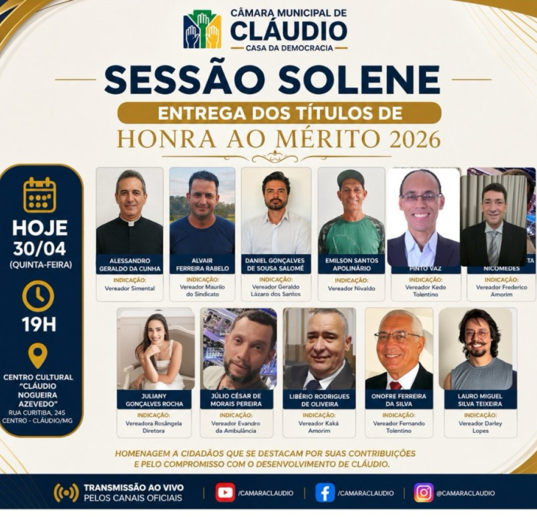Sessão Solene de Entregas de Títulos de Hontra ao Mérito 2026