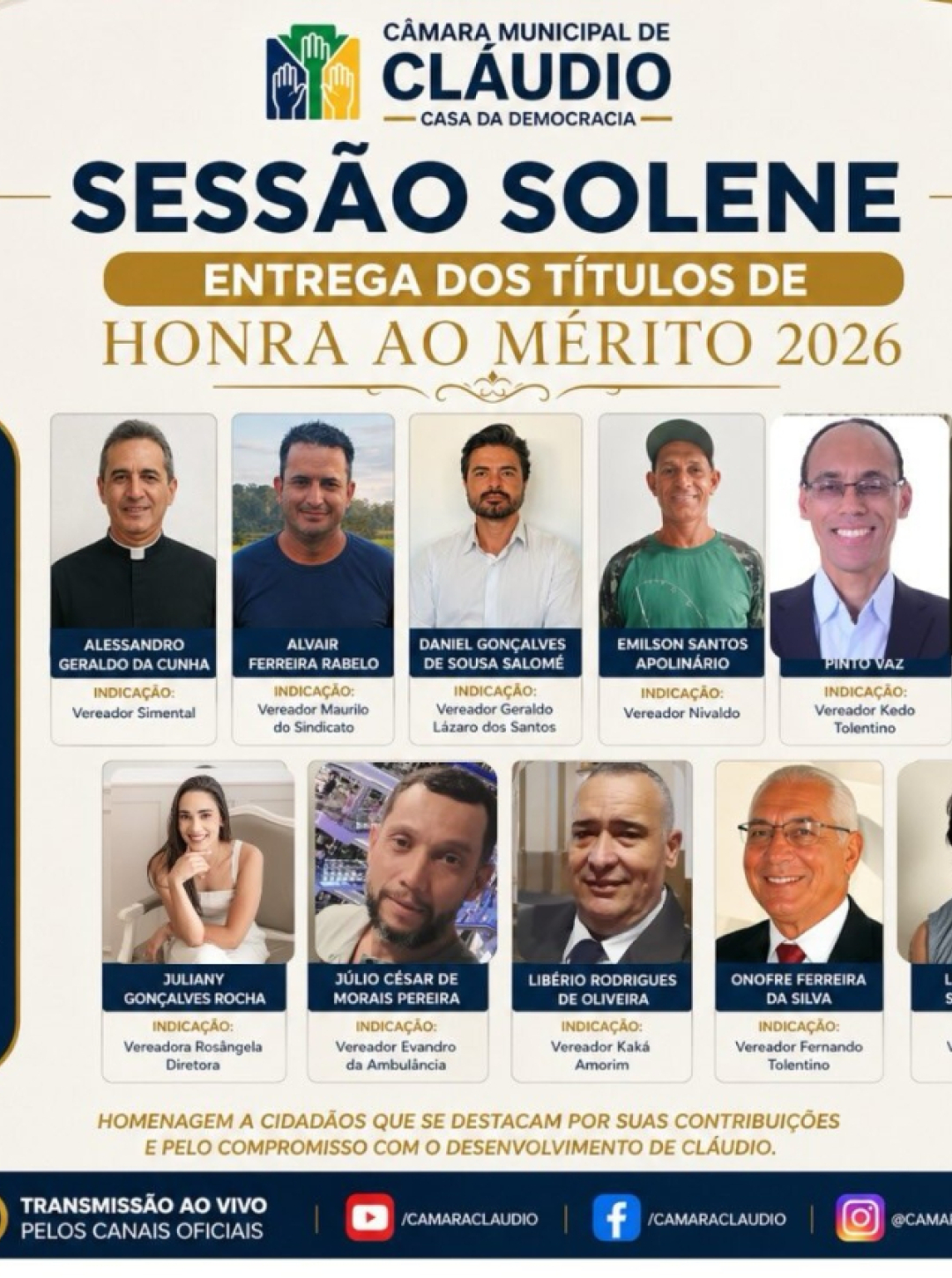 Sessão Solene de Entregas de Títulos de Hontra ao Mérito 2026