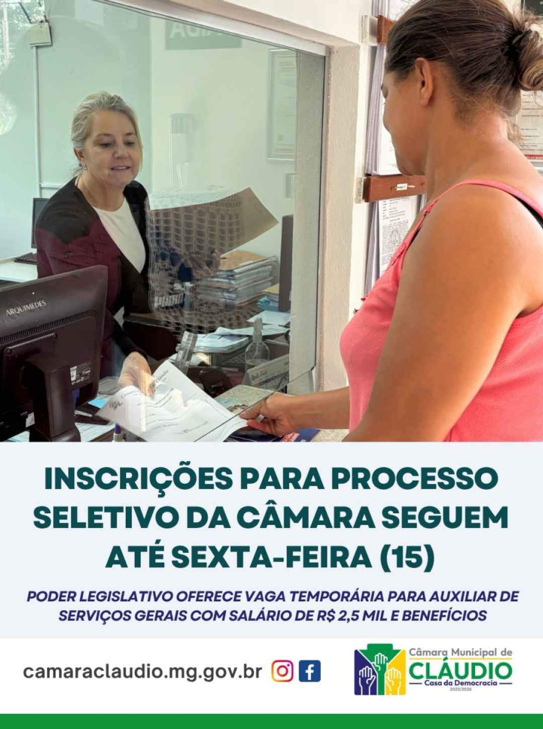 Inscrições para o processo seletivo da Câmara seguem até sexta-feira (15)